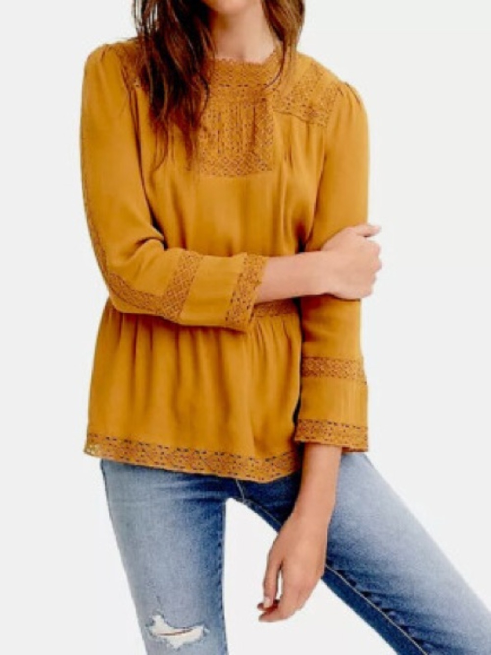 J. Crew Point Sur Crochet Inset Golden Mustard Yellow Top Blouse 8